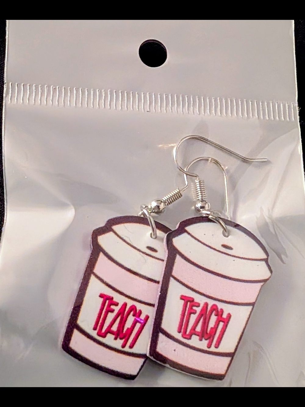Hand Crafted Pink and White 'Teach' Coffee Cup Earrings